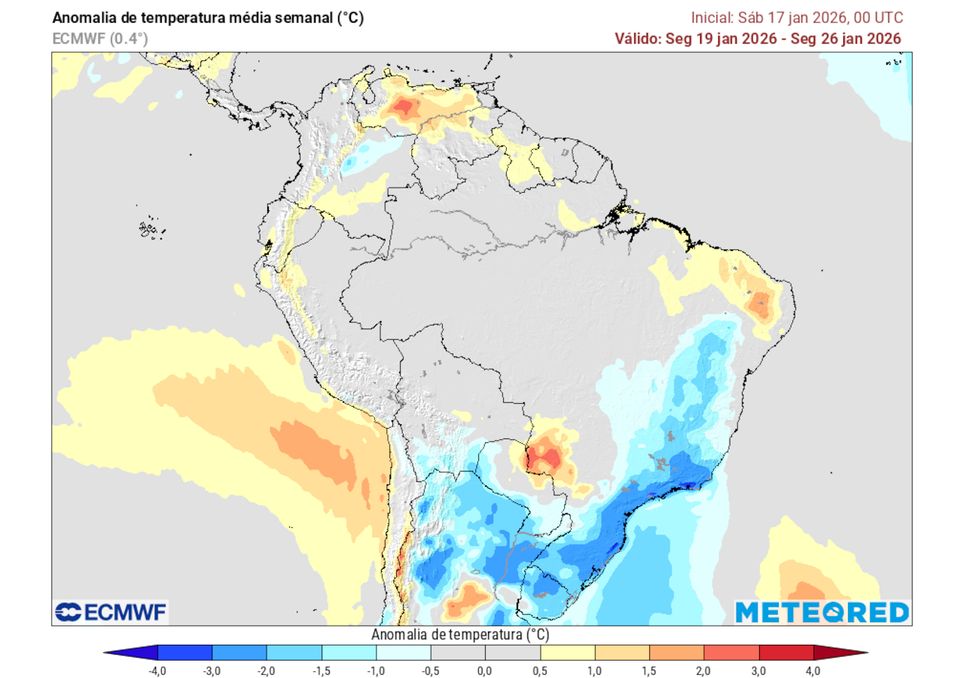 Previsão de anomalias de temperatura entre os dias 19 e 26 de Janeiro.