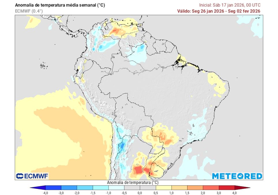 Previsão de anomalias de temperatura entre 26/01 e 02/02.