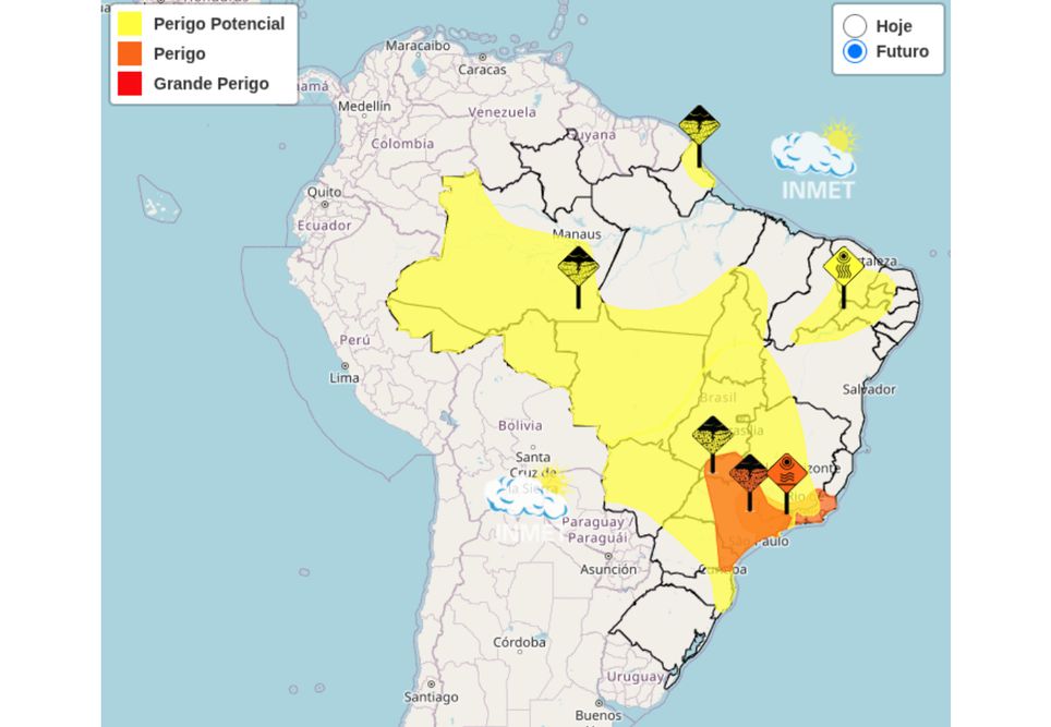 Mapa de alertas meteorológicos gerados pelo INMET para esta quarta-feira (14).