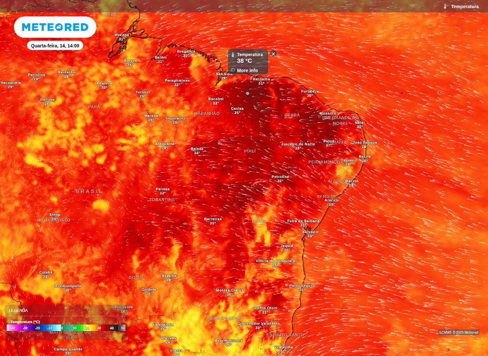 Mapa de temperatura para a tarde desta quarta (14) sobre o Nordeste do Brasil.