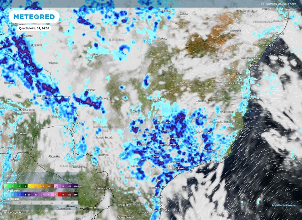 Previsão de chuvas para o Sudeste e Centro-Oeste na tarde de quarta-feira (14), segundo o modelo ECMWF.