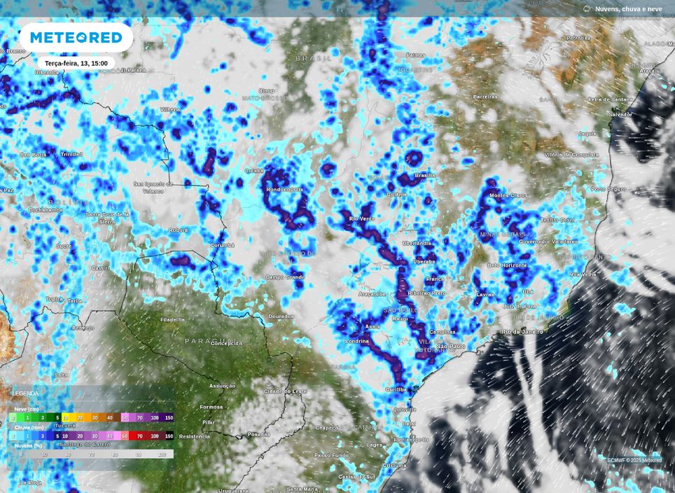 Previsão de chuva para a tarde desta terça-feira (13) sobre o centro-sul do Brasil.