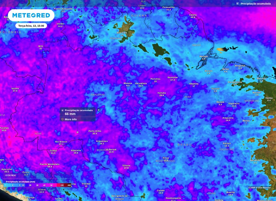 Precipitação acumulada entre segunda (12) e terça-feira (13).