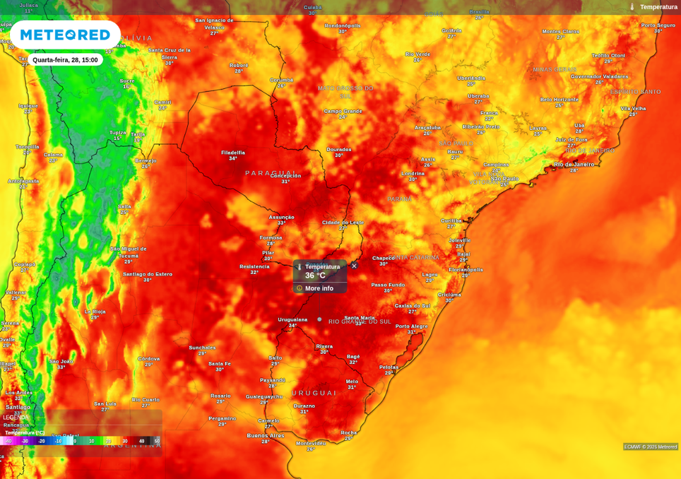 Previsão de temperatura máxima nesta quarta-feira (28), de acordo com o ECMWF. Previsão de temperatura máxima nesta quarta-feira (28), de acordo com o ECMWF.