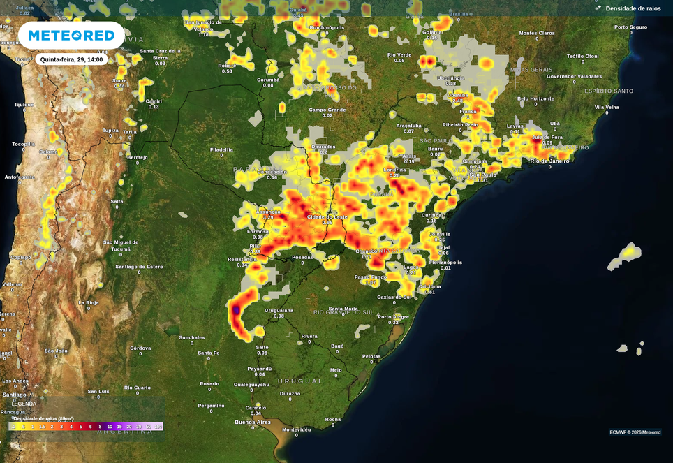 Previsão de tempestades nesta quinta-feira (28), de acordo com o ECMWF. Previsão de tempestades nesta quinta-feira (28), de acordo com o ECMWF.