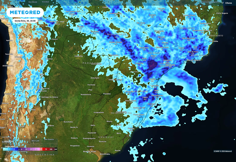 Previsão de chuva nesta sexta-feira (30), de acordo com o ECMWF. Previsão de chuva nesta sexta-feira (30), de acordo com o ECMWF.