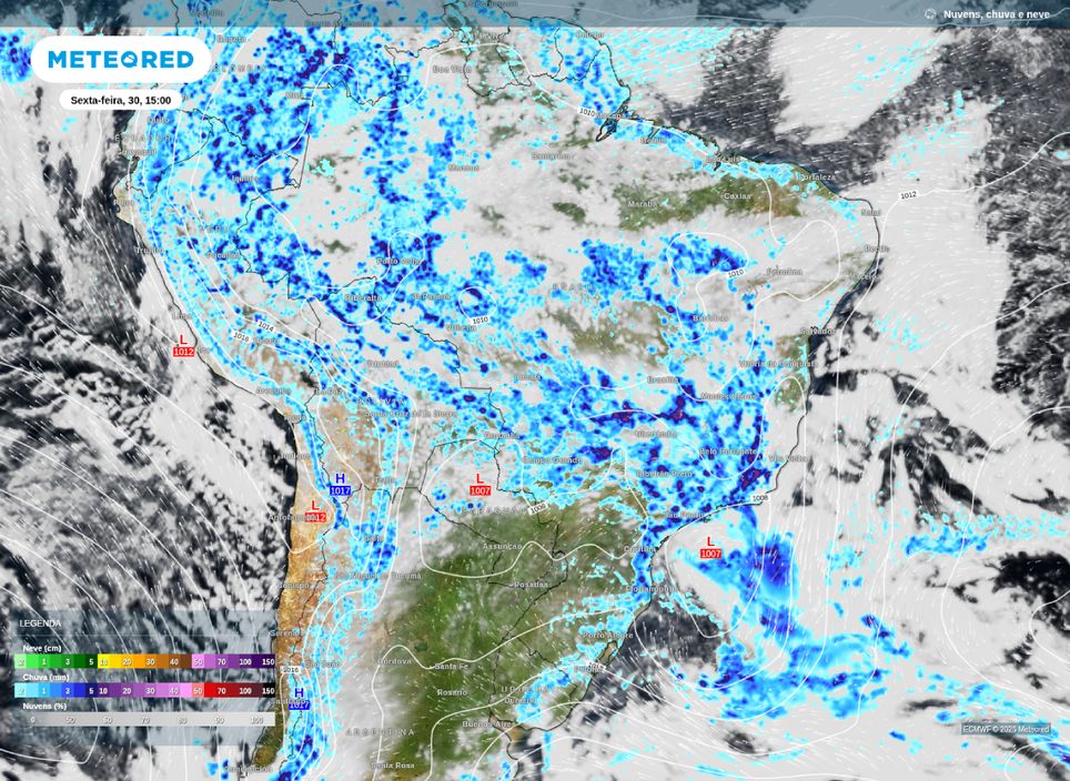 Chuva, nebulosidade e pressão a nível médio do mar prevista para a tarde desta sexta (30). Chuva, nebulosidade e pressão a nível médio do mar prevista para a tarde desta sexta (30).