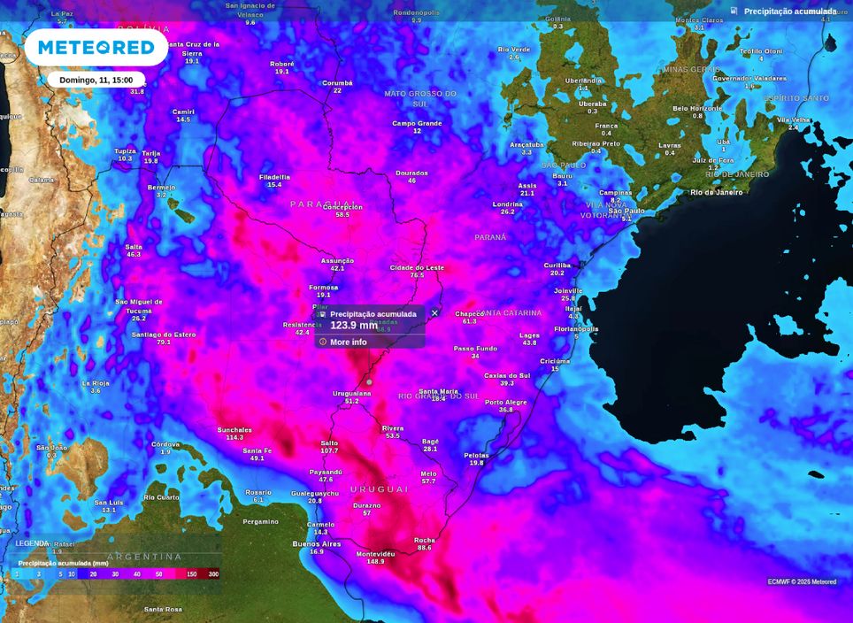 Precipitação acumulada prevista até domingo (11). Precipitação acumulada prevista até domingo (11).
