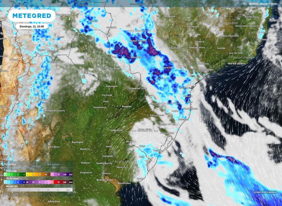 Previsão de nebulosidade e chuva para o MS, PR,SC e RS na tarde deste domingo (11). Previsão de nebulosidade e chuva para o MS, PR,SC e RS na tarde deste domingo (11).