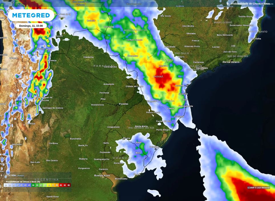 Probabilidade de chuva para o MS, PR,SC e RS na tarde deste domingo (11). Probabilidade de chuva para o MS, PR,SC e RS na tarde deste domingo (11).