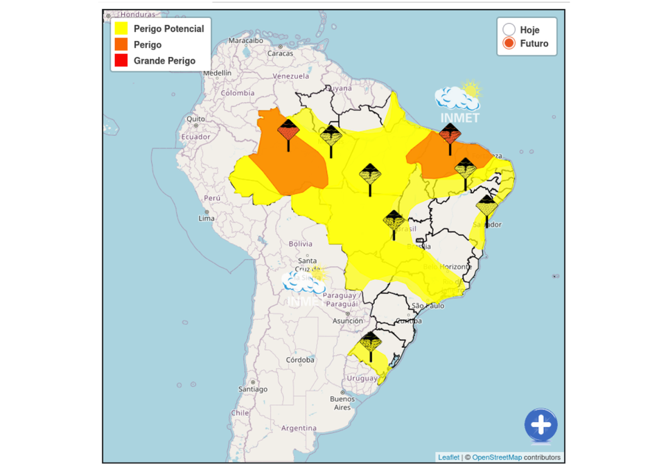 A maior parte do Brasil está sob alerta amarelo e laranja para chuvas intensas. Créditos: Inmet.