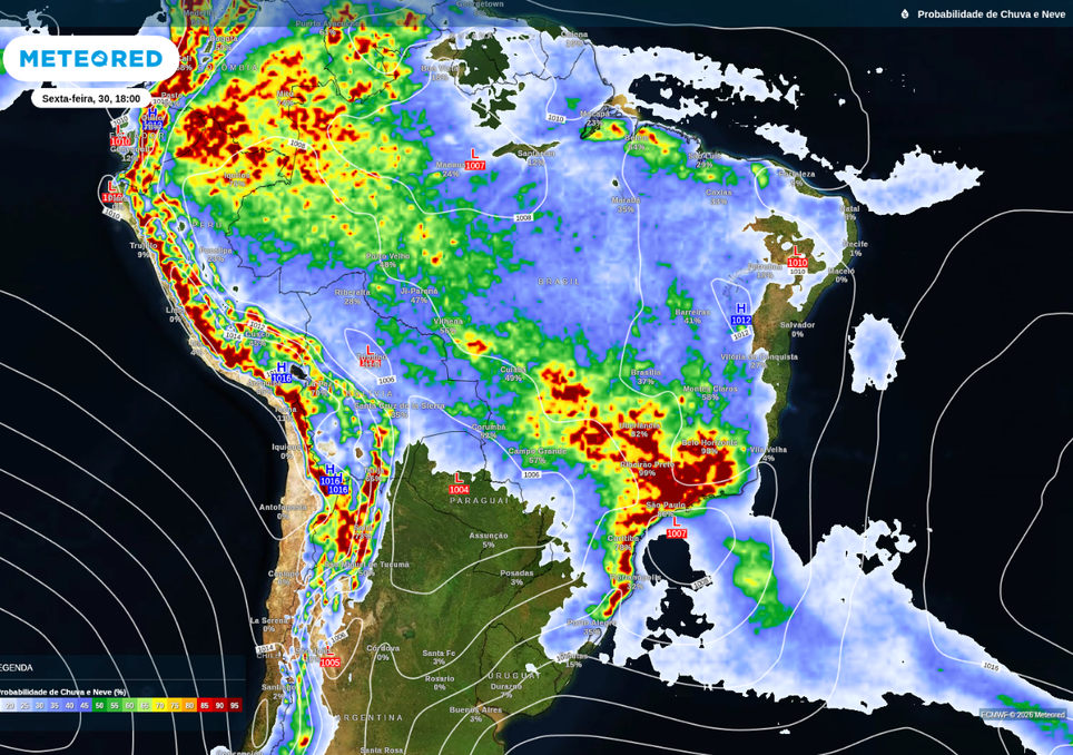 Previsão de formação de ciclone (letra L no campo de pressão) e probabilidade de chuva nesta sexta-feira (30), de acordo com o ECMWF.