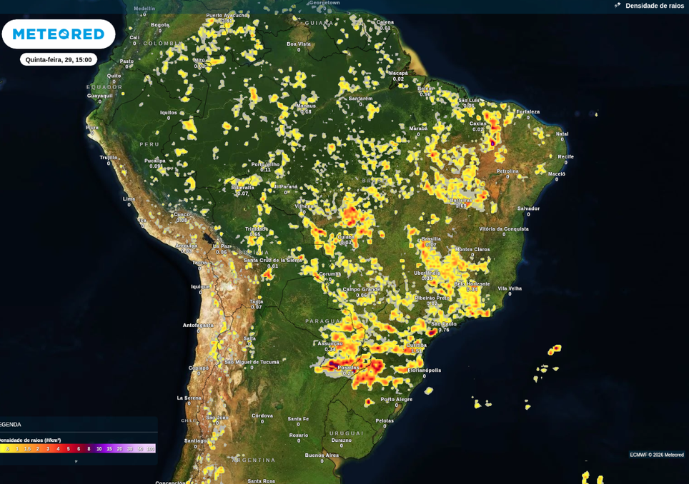 Previsão de tempestades nesta quinta-feira (29), de acordo com o ECMWF.