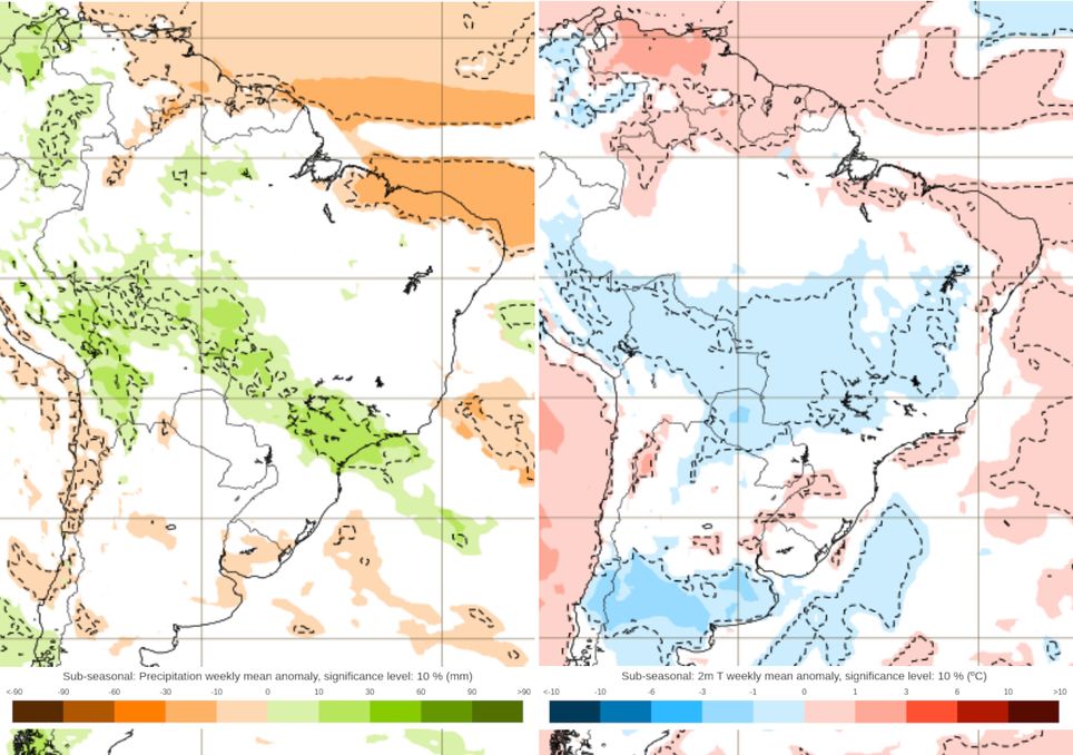 Previsão de anomalias de chuva (esquerda) e temperatura (direita) entre os dias 9 e 16 de Fevereiro. Previsão de anomalias de chuva (esquerda) e temperatura (direita) entre os dias 9 e 16 de Fevereiro.