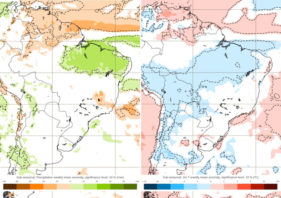 Previsão de anomalias de chuva (esquerda) e temperatura (direita) entre os dias 16 e 23 de Fevereiro. Previsão de anomalias de chuva (esquerda) e temperatura (direita) entre os dias 16 e 23 de Fevereiro.