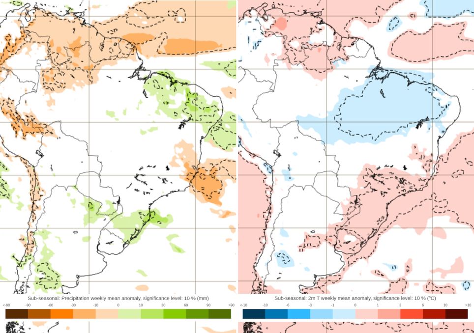 Previsão de anomalias de chuva (esquerda) e temperatura (direita) entre os dias 23/02 e 02/03. Previsão de anomalias de chuva (esquerda) e temperatura (direita) entre os dias 23/02 e 02/03.