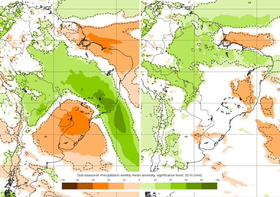 Previsão de anomalias de chuva ao longo das duas últimas semanas de Janeiro de 2026.