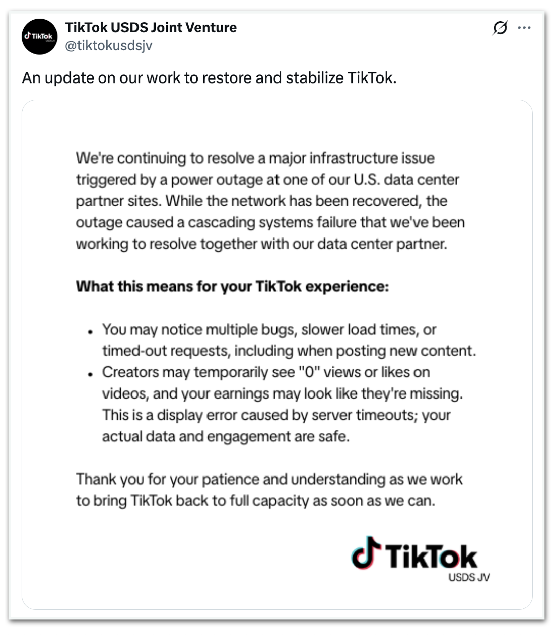 Comunicado do TikTok sobre falha técnica na plataforma nos EUA