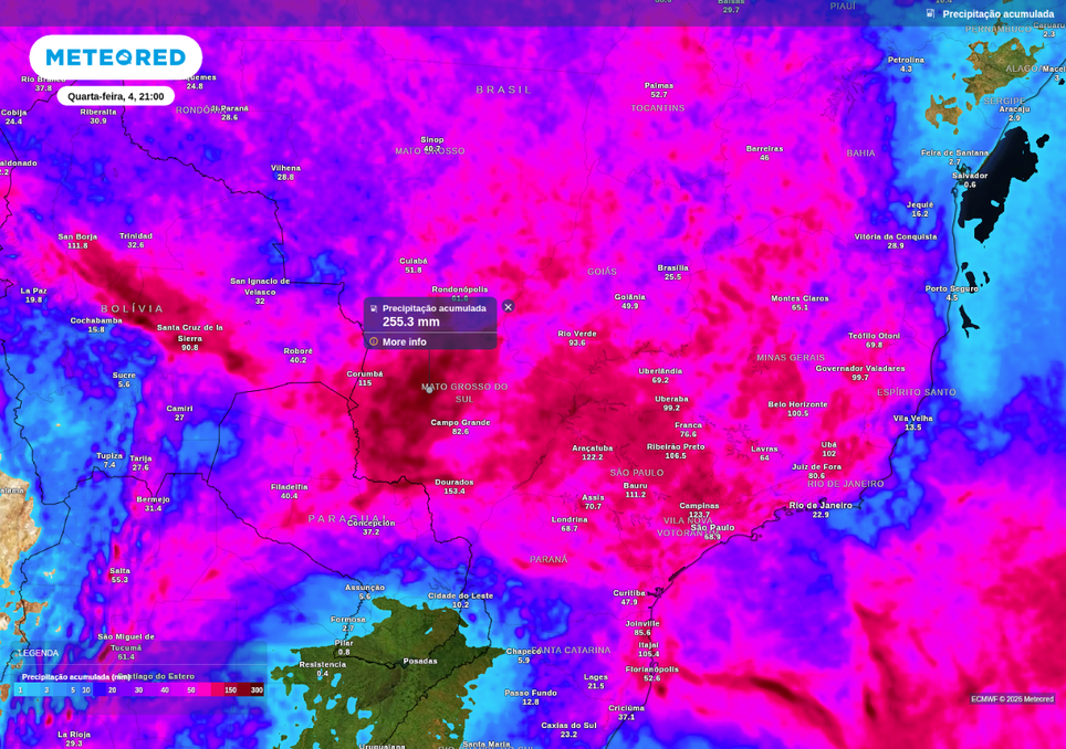 Previsão de chuva acumulada (mm) até quarta-feira (4) à noite, de acordo com o ECMWF.