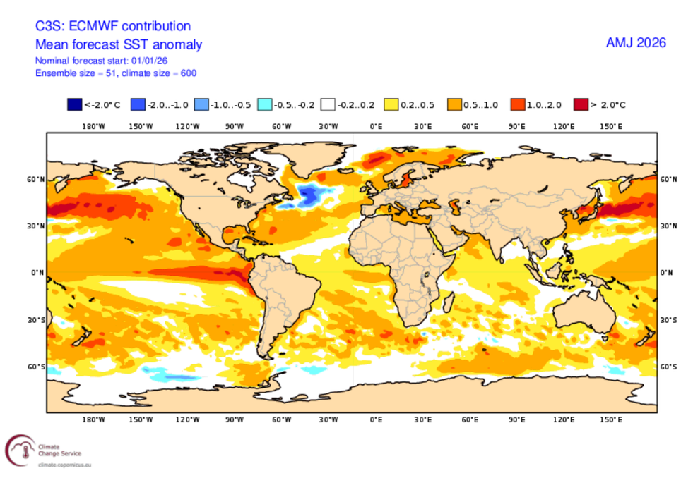 Previsão climática do modelo ECMWF para abril-maio-junho indicando predomínio de águas quentes no Oceano Pacífico, com anomalias entre 0,5°C e 2°C acima da média. Previsão climática do modelo ECMWF para abril-maio-junho indicando predomínio de águas quentes no Oceano Pacífico, com anomalias entre 0,5°C e 2°C acima da média.