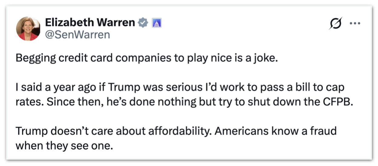 Senadora Elizabeth Warren reage ao anúncio de Trump sobre teto nos juros do cartão de crédito