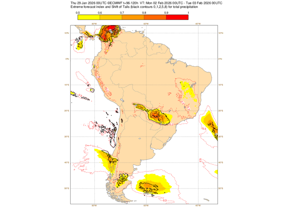 EFI do ECMWF para precipitação nesta segunda-feira (2). Créditos: ECMWF.