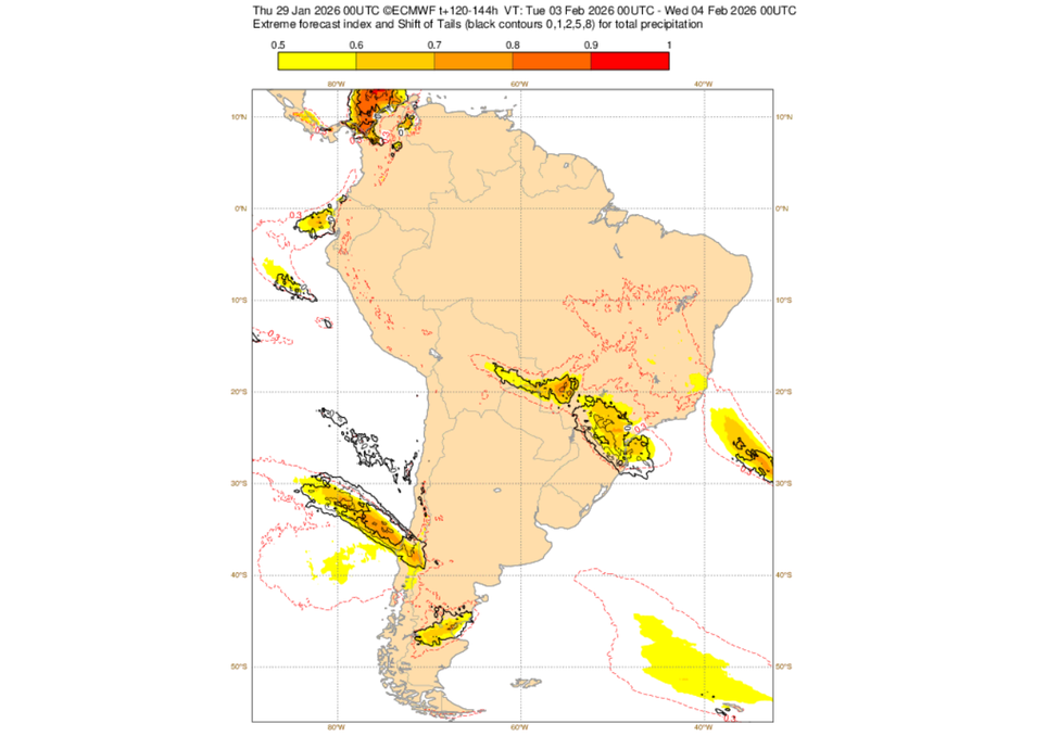 EFI do ECMWF para precipitação nesta segunda-feira (2). Créditos: ECMWF.