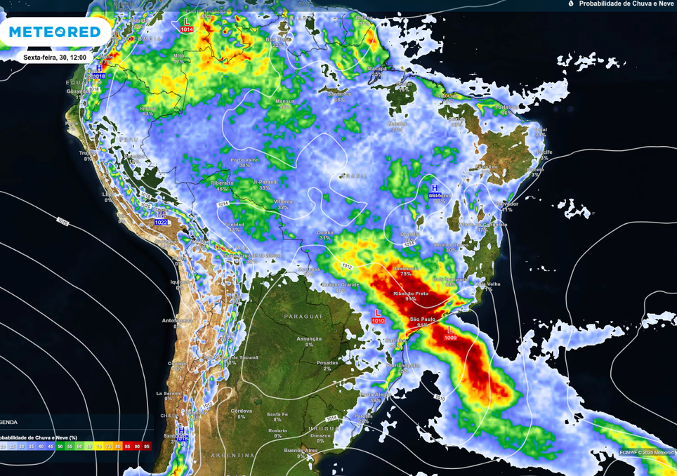 Ciclone (L) e probabilidade de chuva nesta sexta-feira (30), de acordo com o ECMWF.