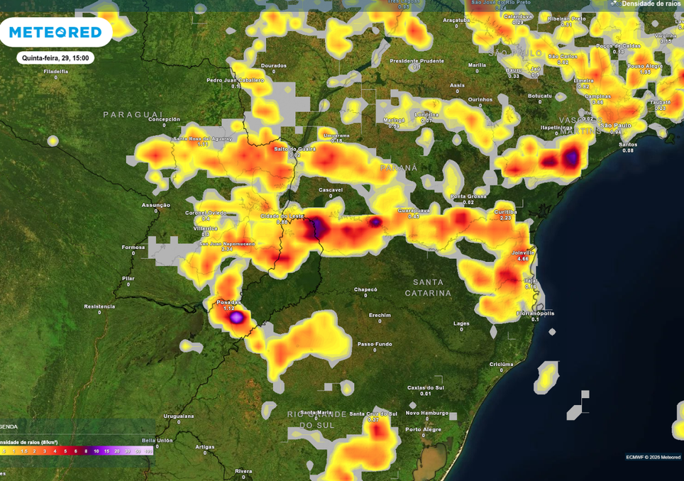 Previsão de tempestades na tarde de quinta-feira (29), de acordo com o ECMWF.