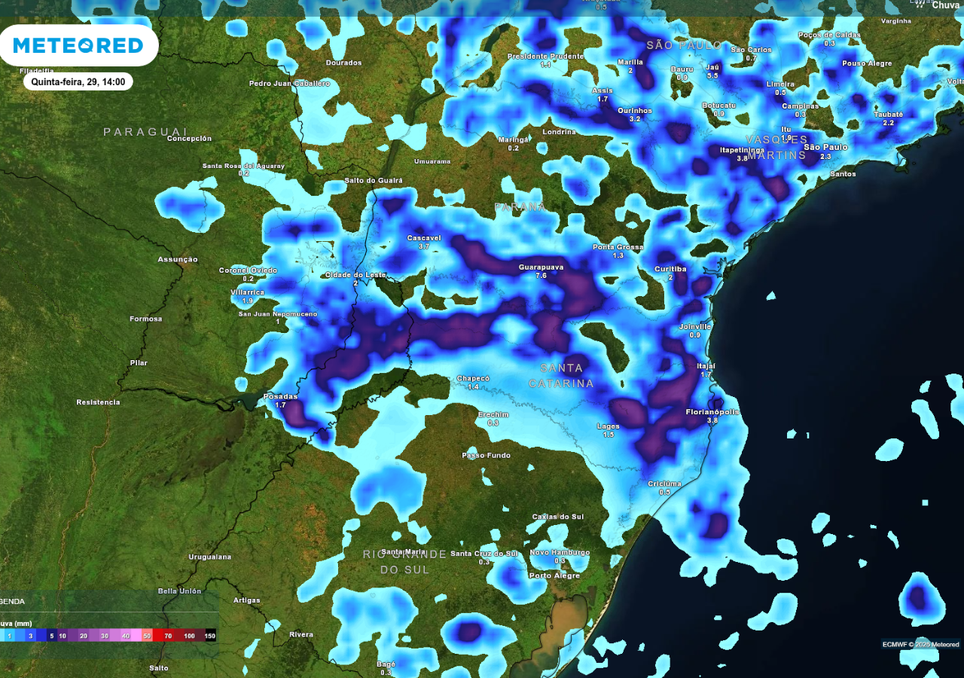 Previsão de tempestades na tarde de quinta-feira (29), de acordo com o ECMWF.