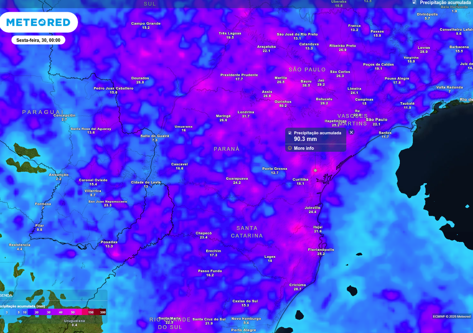 Previsão de chuva acumulada até o final da quinta-feira (28), de acordo com o ECMWF.