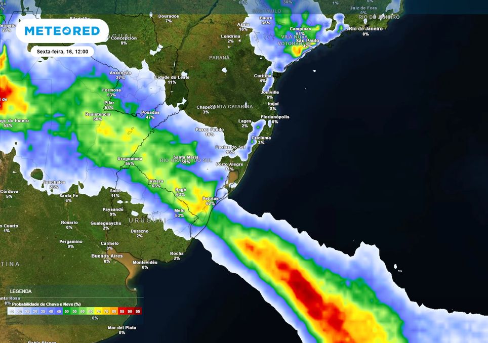 Previsão de probabilidade de chuva na sexta-feira ao meio-dia. Previsão de probabilidade de chuva na sexta-feira ao meio-dia.