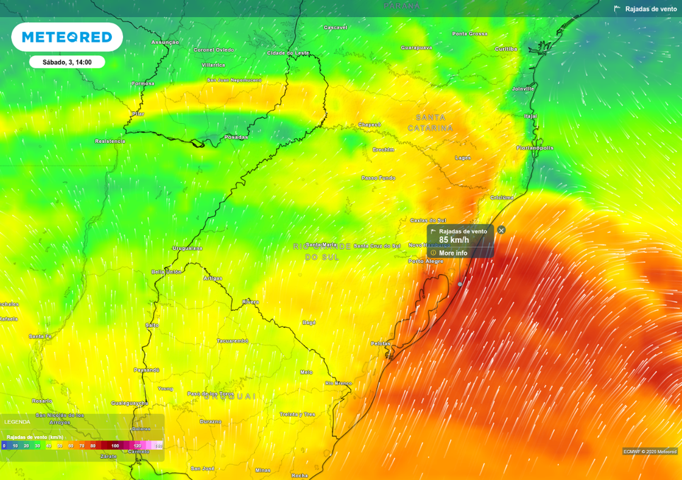 Previsão de rajadas intensas de vento neste sábado (3), de acordo com o ECMWF. Previsão de rajadas intensas de vento neste sábado (3), de acordo com o ECMWF.