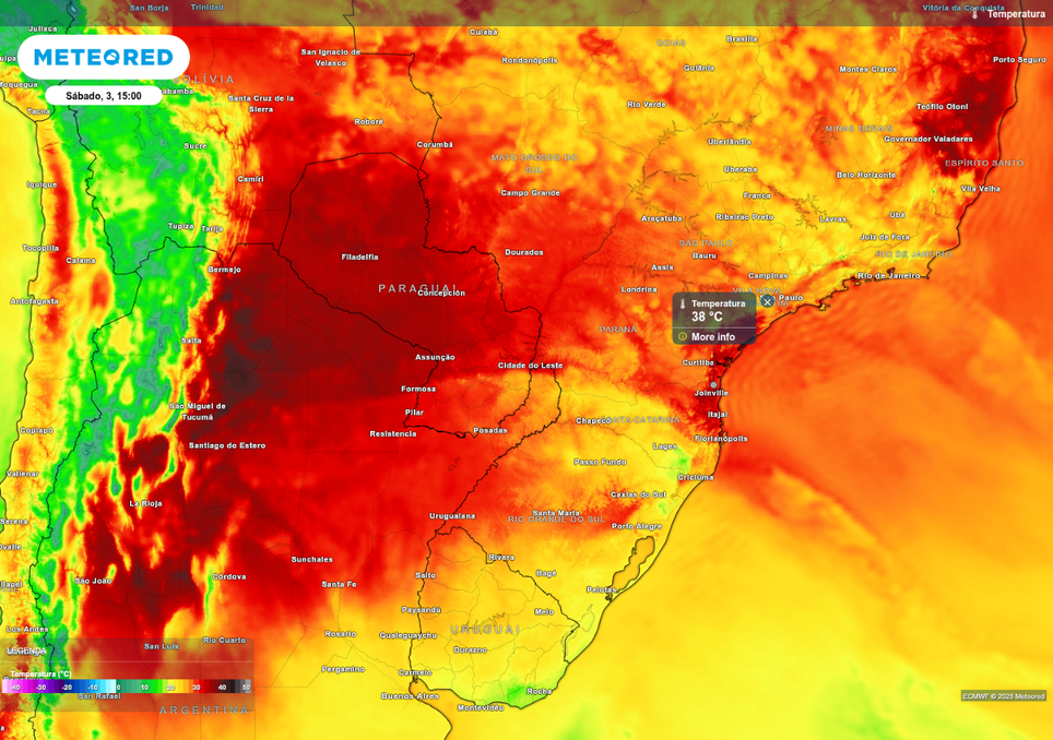 Previsão de temperatura máxima neste sábado (3), de acordo com o ECWMF. Previsão de temperatura máxima neste sábado (3), de acordo com o ECWMF.
