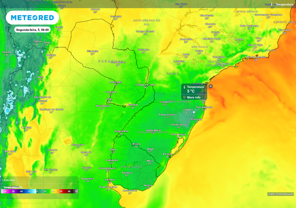 Previsão de anomalia de temperatura máxima nesta segunda-feira (5), de acordo com o ECMWF. Previsão de anomalia de temperatura máxima nesta segunda-feira (5), de acordo com o ECMWF.