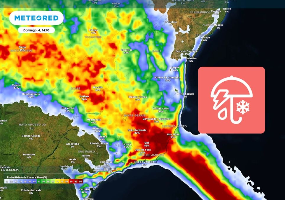 Previsão de probabilidade de chuva no domingo durante a tarde.