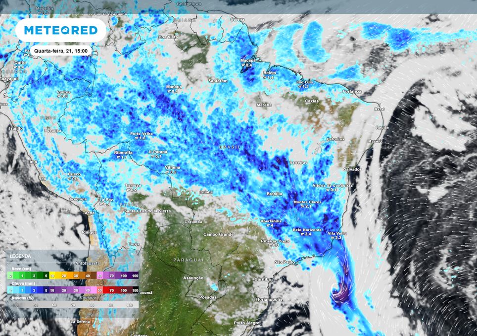 Previsão de nebulosidade e chuva na quarta-feira durante a tarde.