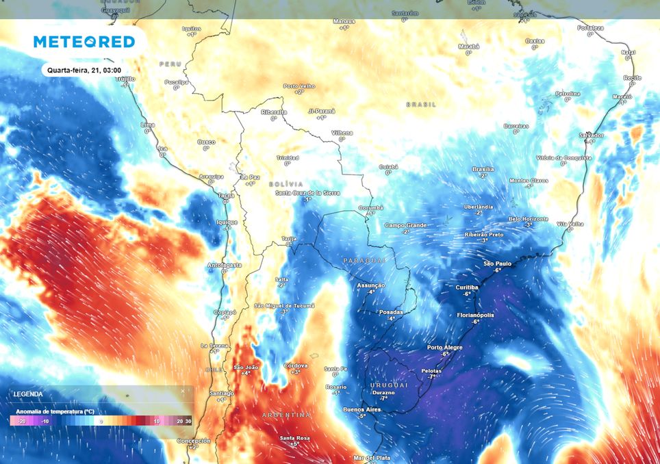 Previsão de anomalias de temperatura em 850 hPa na quarta-feira de madrugada.