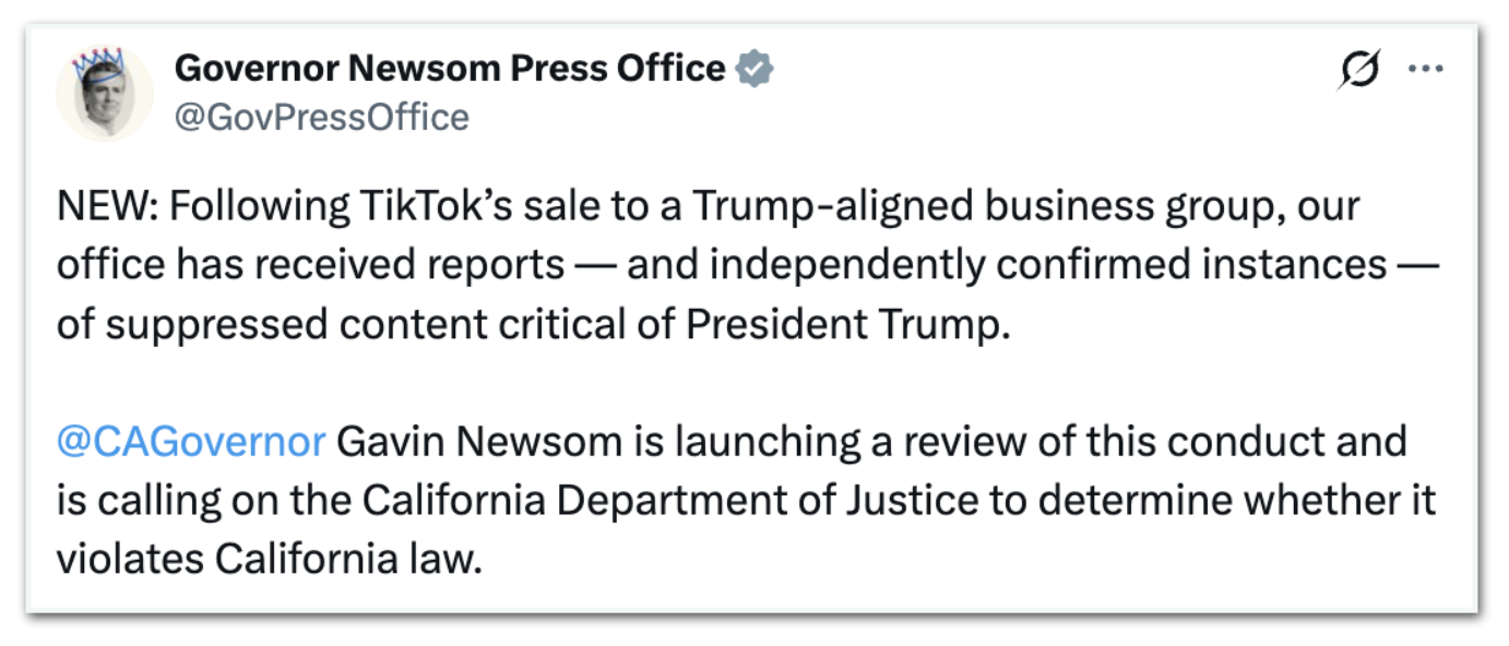 Gabinete de Gavin Newsom anuncia investigação estadual do TikTok 