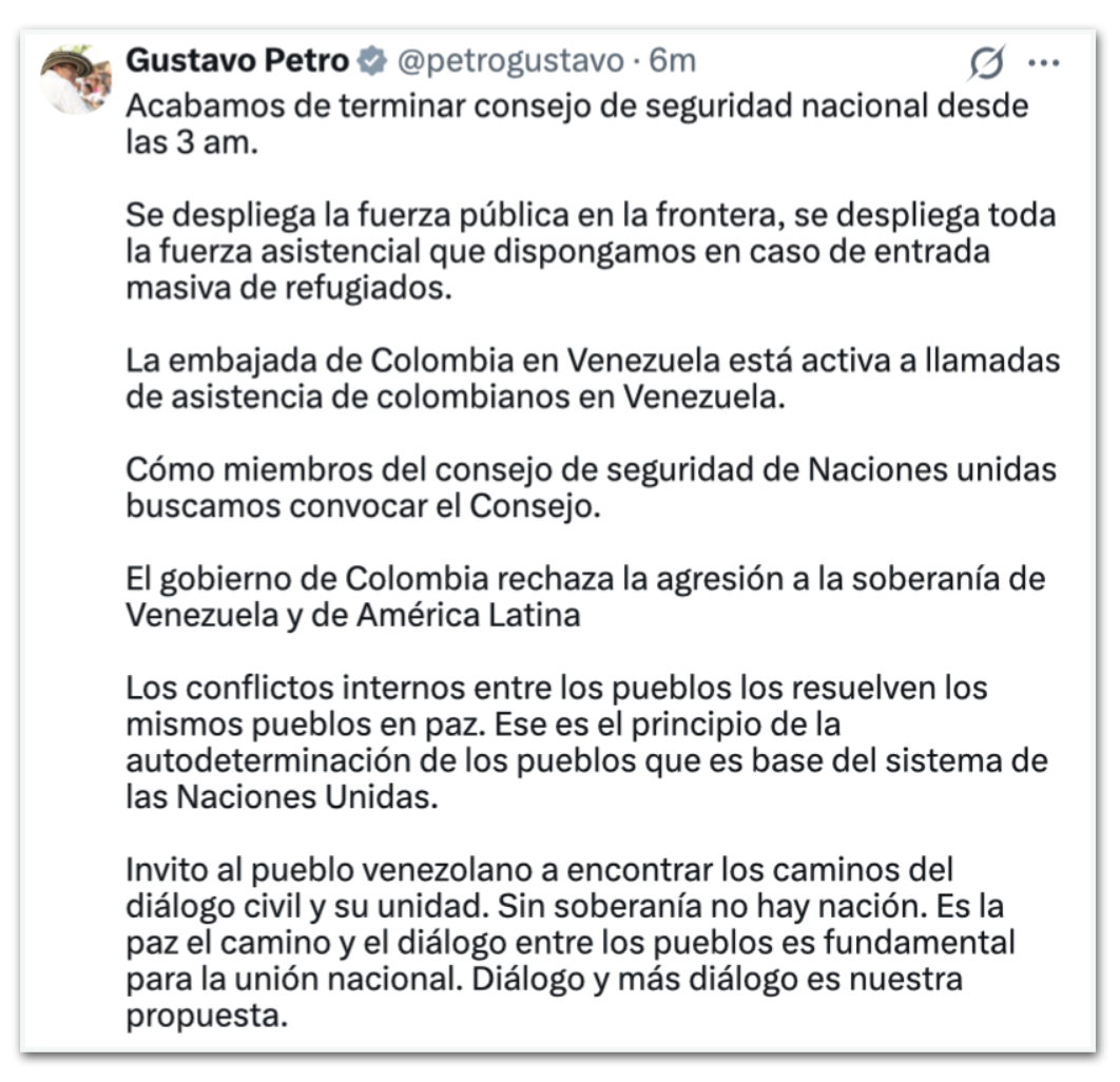 Gustavo Petro reage ao ataque dos EUA à Venezuela