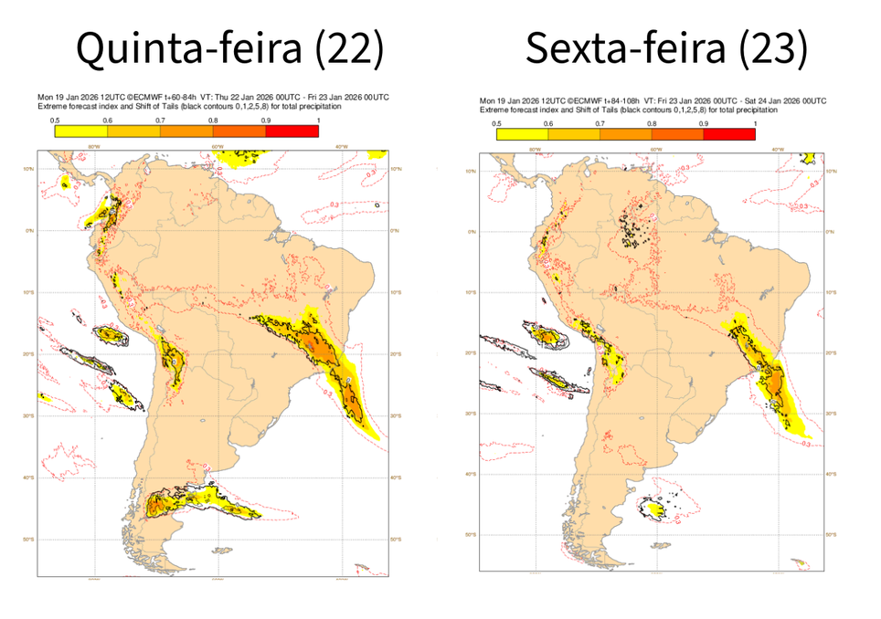 EFI do ECMWF para precipitação nesta quinta (20) e sexta-feira (21). Créditos: adaptado de ECMWF.