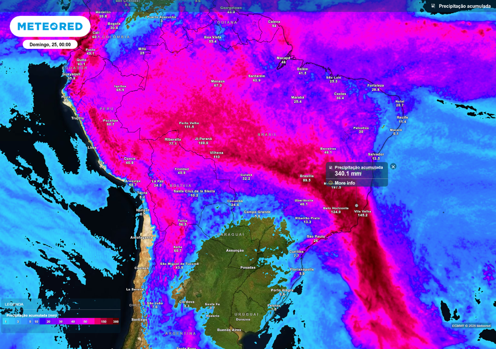 Previsão de chuva acumulada (mm) até o final de sábado (24), de acordo com o modelo ECMWF.