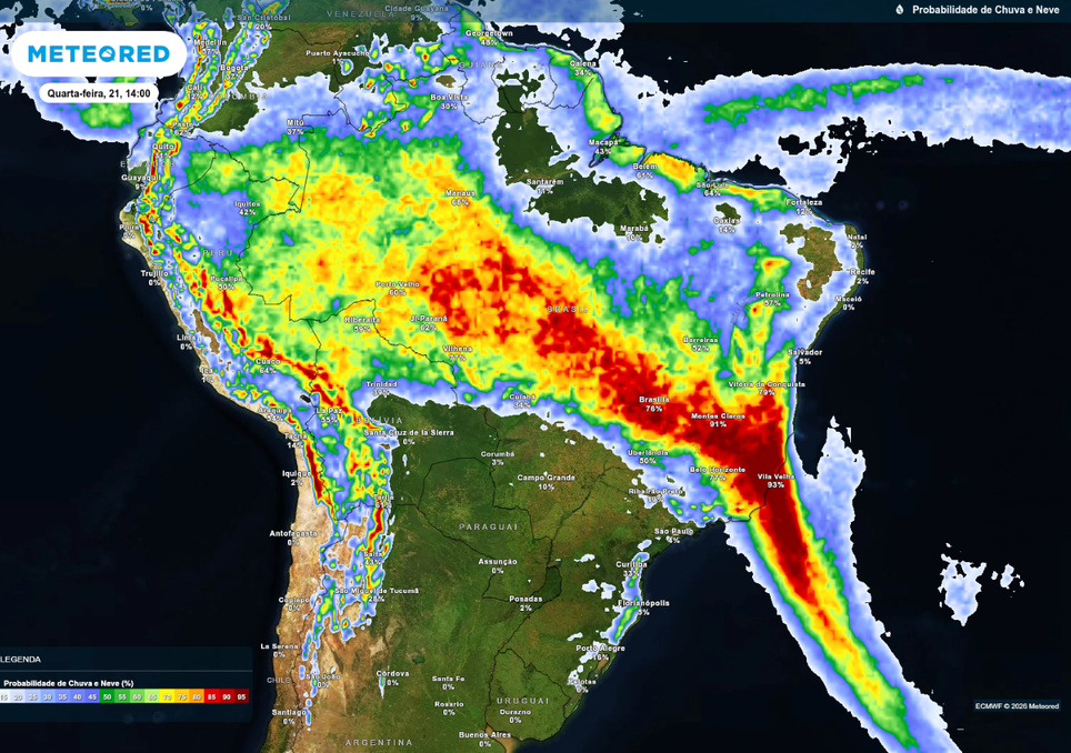 Previsão de probabilidade de chuva nesta quarta-feira (21), de acordo com o ECMWF.