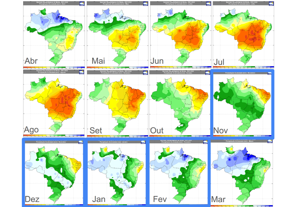 Normal climatológica mensal (1991-2020) da chuva sobre o Brasil, destacando nos quadrados azuis o período de atuação da ZCAS. Créditos: Ana Maria Pereira Nunes/Meteored/Adaptado de INMET.