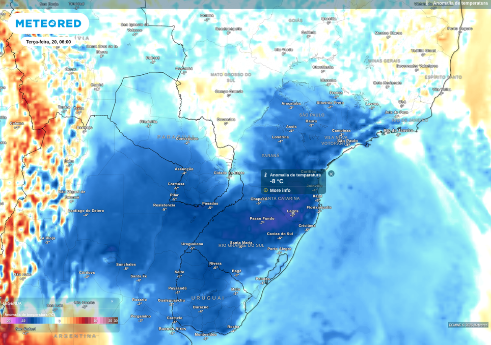 Previsão de anomalia de temperatura na terça-feira (20), de acordo com o ECMWF.