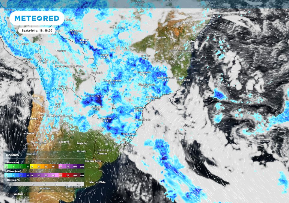 Previsão de ventos, nebulosidade e chuva na sexta-feira (16) durante a tarde.