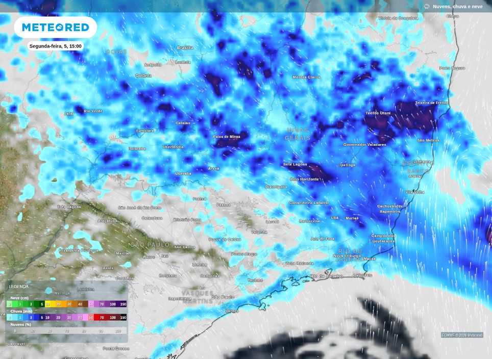 Precipitação prevista para a tarde de segunda-feira (5) no Sudeste do Brasil.