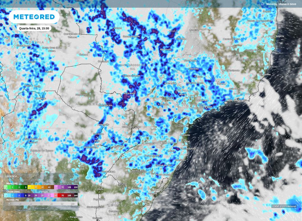 Previsão de chuvas para a tarde desta quarta-feira (28).
