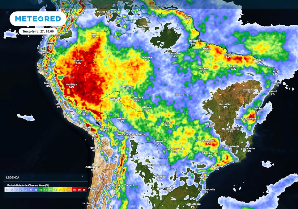 Previsão de probabilidade de chuva na terça-feira.