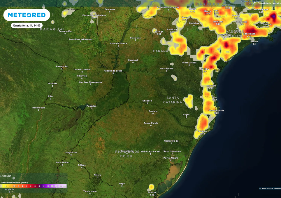 Previsão de tempestades nesta quarta-feira (14), de acordo com o ECMWF.